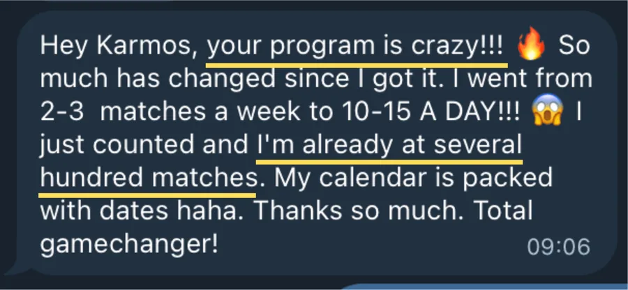 Client testimonial: From 2 to 3 matches a week to 10 to 15 a day, several hundred matches in total