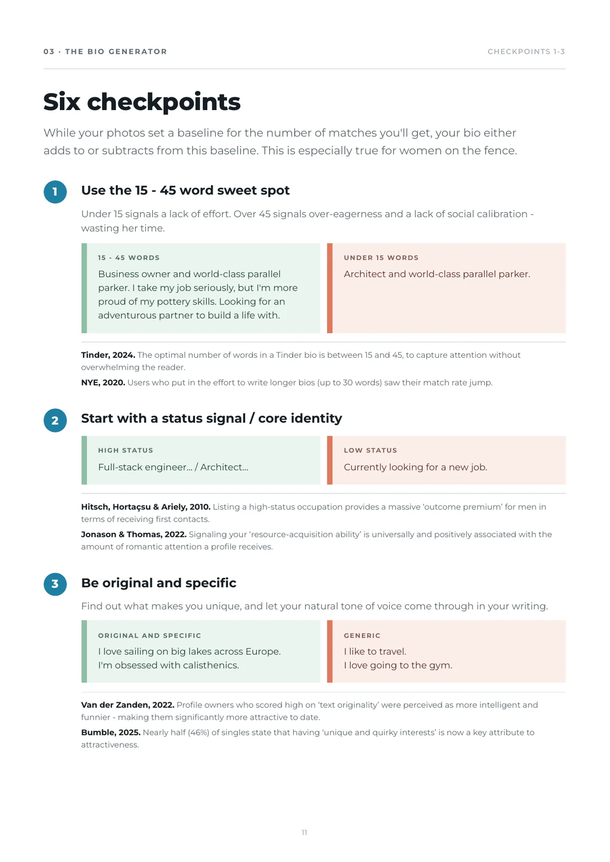 The six checkpoints of a proven bio, one to three